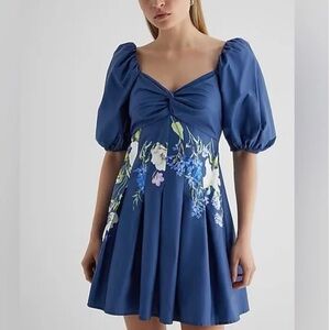 Express Navy Blue Floral Dress with Puff Sleeves Size XS